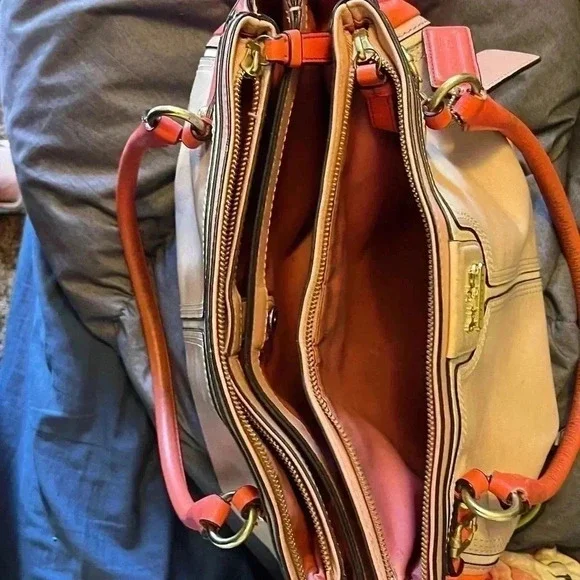 Coach Madison Coral Colorblock Leather Parchment Kara Carryall Tote Bag - Picture 3 of 8